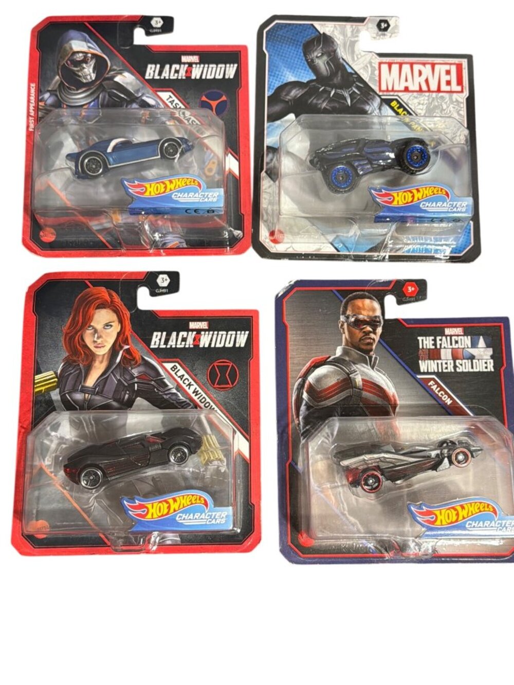 Hot Wheels Marvel Character Cars Set 4 Black Widow Panther Taskmaster Falcon NEW